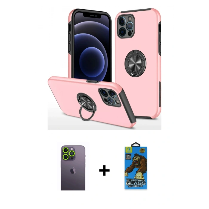 MARSİLYAN™- iPhone 12 Pro Max Kılıf Odak Form Prime - Siyah 18D Cam Ekran Koruyucu + Neon Fosforlu Kamera Lens - YL