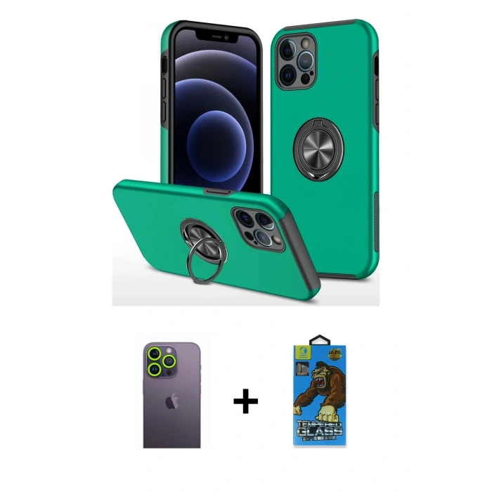 MARSİLYAN™- iPhone 12 Pro Max Kılıf Odak Form Prime - Siyah 18D Cam Ekran Koruyucu + Neon Fosforlu Kamera Lens - YL