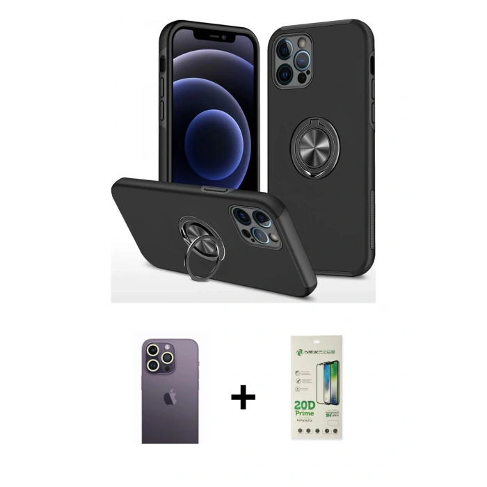 MARSİLYAN™- iPhone 12 Pro Max Kılıf Odak Form Prime - Siyah 20D Premium Cam Ekran Koruyucu + Neon Fosforlu Kamera Lens - BZ