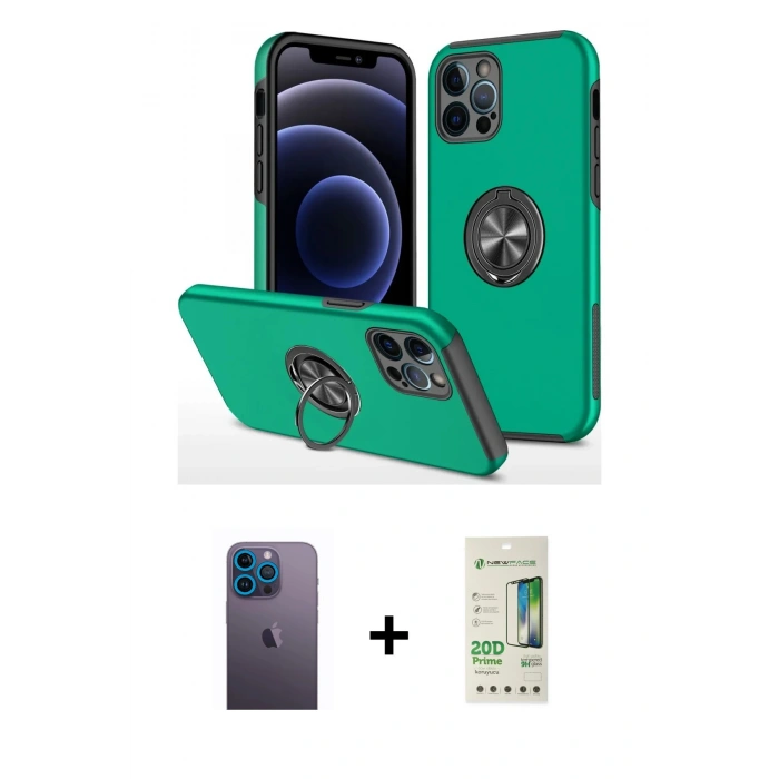 MARSİLYAN™- iPhone 12 Pro Max Kılıf Odak Form Prime - Siyah 20D Premium Cam Ekran Koruyucu + Neon Fosforlu Kamera Lens - MI