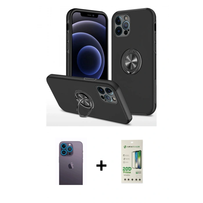 MARSİLYAN™- iPhone 12 Pro Max Kılıf Odak Form Prime - Siyah 20D Premium Cam Ekran Koruyucu + Neon Fosforlu Kamera Lens - MI