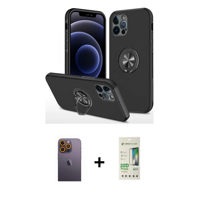 MARSİLYAN™- iPhone 12 Pro Max Kılıf Odak Form Prime - Siyah 20D Premium Cam Ekran Koruyucu + Neon Fosforlu Kamera Lens - SI