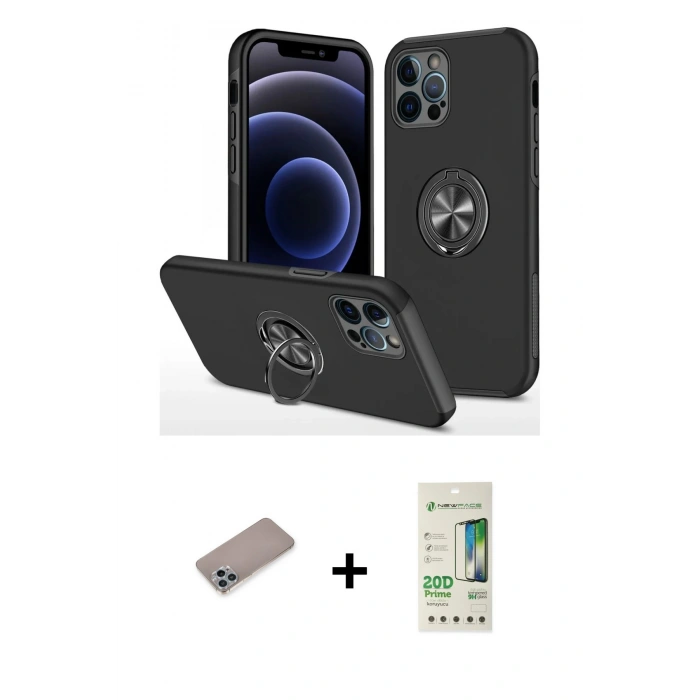 MARSİLYAN™- iPhone 12 Pro Max Kılıf Odak Form Prime - Siyah 20D Premium Cam Ekran Koruyucu + Shine Kamera Lens Koruma Cam - SABE
