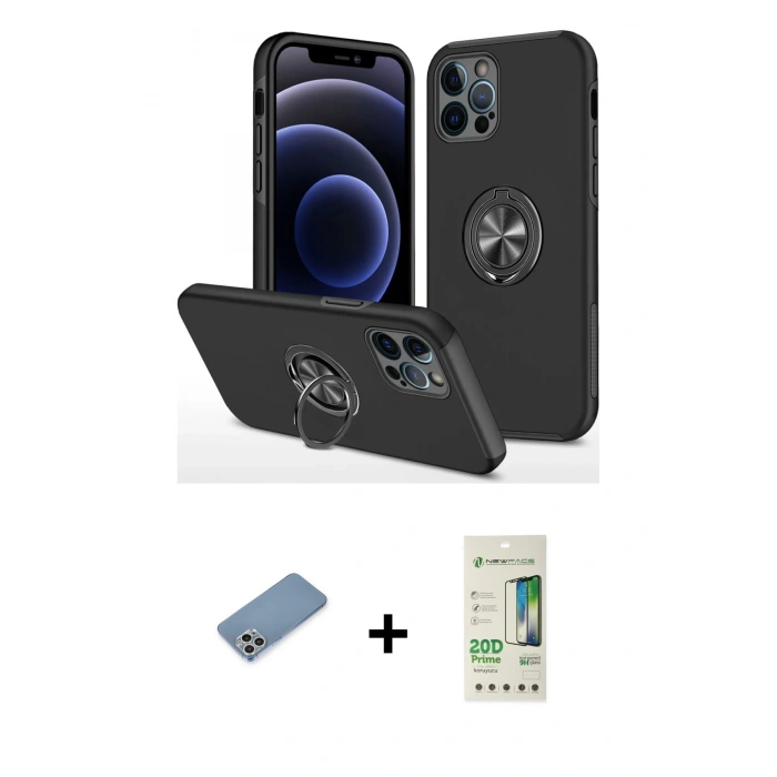 MARSİLYAN™- iPhone 12 Pro Max Kılıf Odak Form Prime - Siyah 20D Premium Cam Ekran Koruyucu + Shine Kamera Lens Koruma Cam - GS