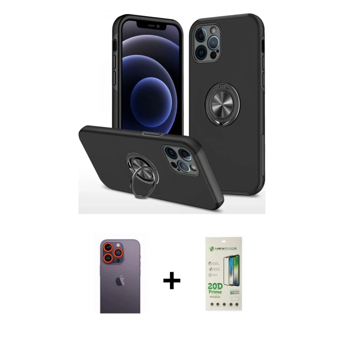 MARSİLYAN™- iPhone 12 Pro Max Kılıf Odak Form Prime - Siyah 20D Premium Cam Ekran Koruyucu + Turuncu Neon Fosforlu Kamera Lens
