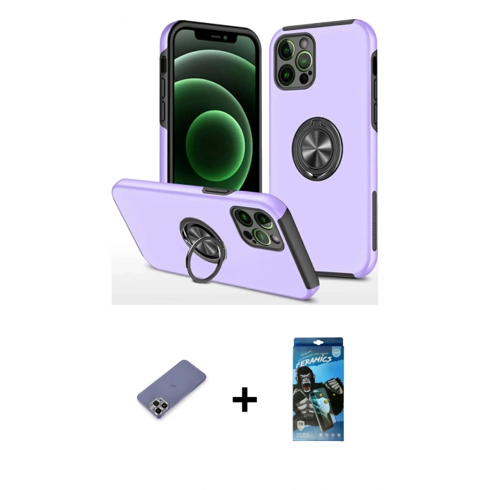 MARSİLYAN™- iPhone 12 Pro Max Kılıf Odak Form Prime - Siyah 34D Izgaralı Cam + Gold Metal Kamera Lens Koruma Cam