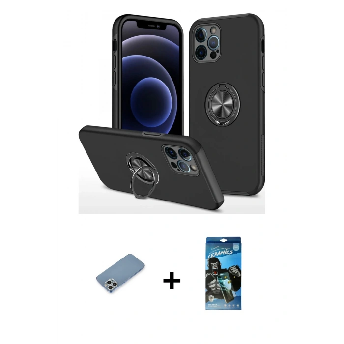 MARSİLYAN™- iPhone 12 Pro Max Kılıf Odak Form Prime - Siyah 34D Izgaralı Cam + Shine Kamera Lens Koruma Cam - GS
