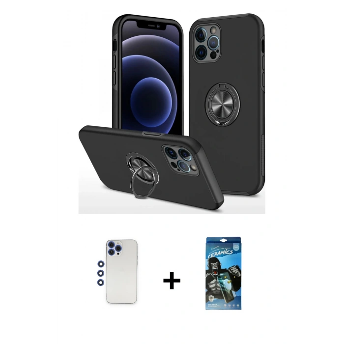 MARSİLYAN™- iPhone 12 Pro Max Kılıf Odak Form Prime - Siyah 34D Izgaralı Cam + Lacivert Shine Kamera Lens