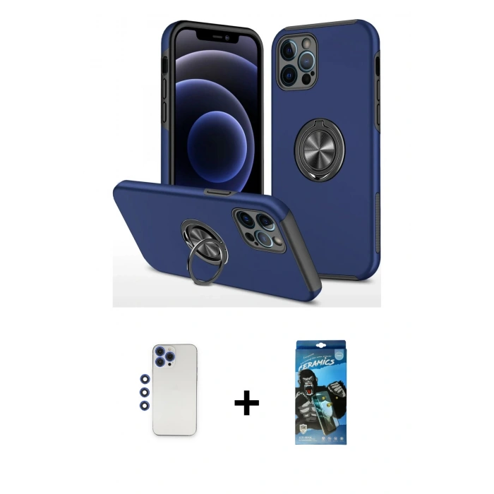 MARSİLYAN™- iPhone 12 Pro Max Kılıf Odak Form Prime - Siyah 34D Izgaralı Cam + Lacivert Shine Kamera Lens
