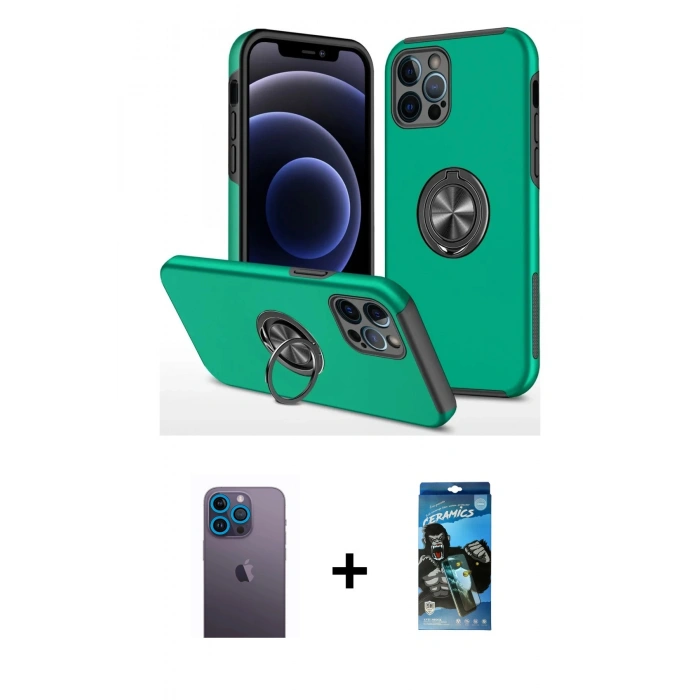 MARSİLYAN™- iPhone 12 Pro Max Kılıf Odak Form Prime - Siyah 34D Izgaralı Cam + Neon Fosforlu Kamera Lens - MI