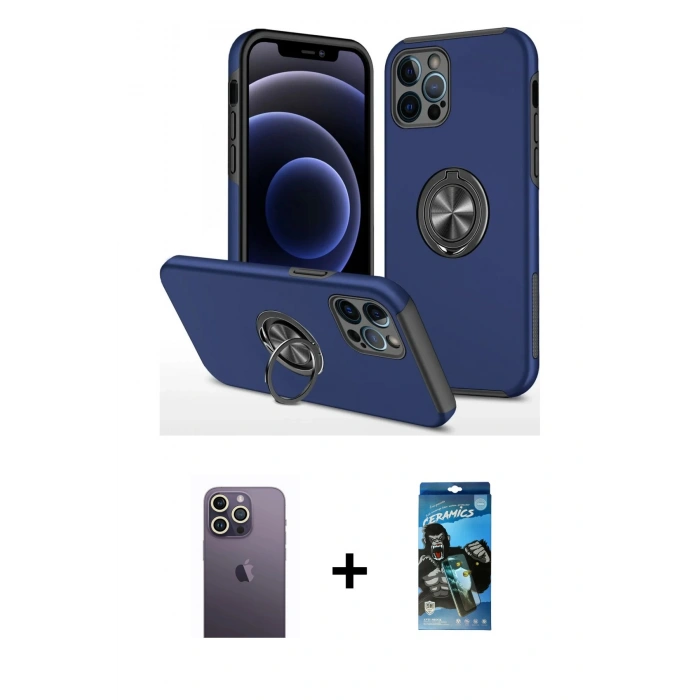 MARSİLYAN™- iPhone 12 Pro Max Kılıf Odak Form Prime - Siyah 34D Izgaralı Cam + Neon Fosforlu Kamera Lens - BZ