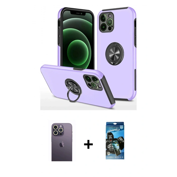 MARSİLYAN™- iPhone 12 Pro Max Kılıf Odak Form Prime - Siyah 34D Izgaralı Cam + Neon Fosforlu Kamera Lens - BZ