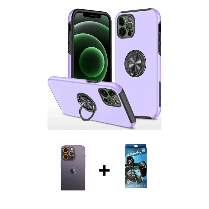 MARSİLYAN™- iPhone 12 Pro Max Kılıf Odak Form Prime - Siyah 34D Izgaralı Cam + Neon Fosforlu Kamera Lens - SI