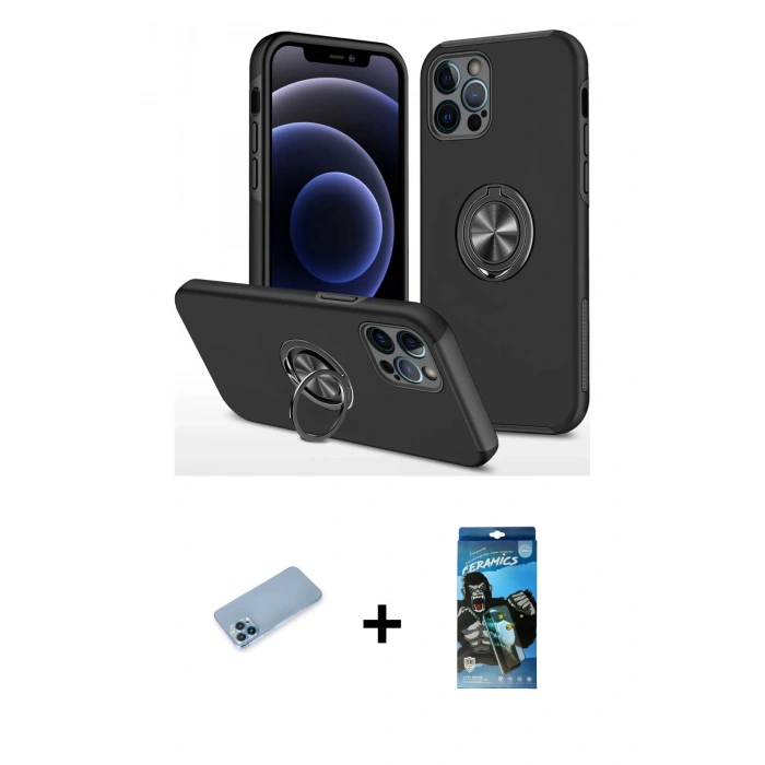 MARSİLYAN™- iPhone 12 Pro Max Kılıf Odak Form Prime - Siyah 34D Izgaralı Cam + Shine Kamera Lens Koruma Cam - MI