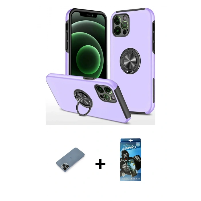 MARSİLYAN™- iPhone 12 Pro Max Kılıf Odak Form Prime - Siyah 34D Izgaralı Cam + Shine Kamera Lens Koruma Cam - SH