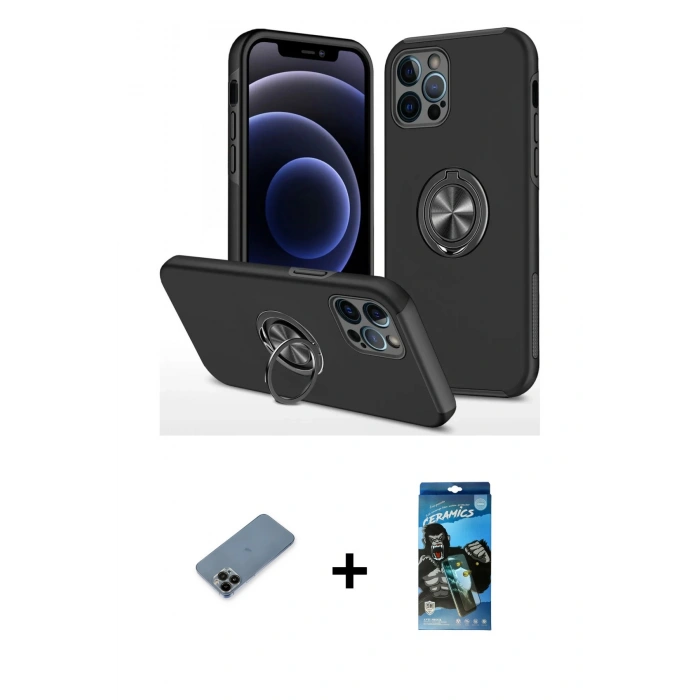 MARSİLYAN™- iPhone 12 Pro Max Kılıf Odak Form Prime - Siyah 34D Izgaralı Cam + Shine Kamera Lens Koruma Cam - SH