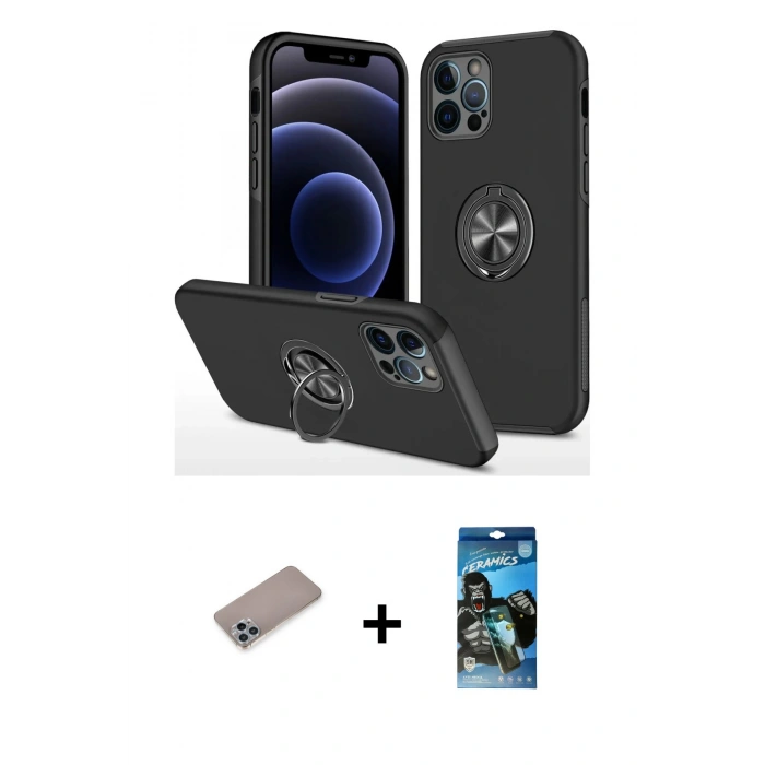 MARSİLYAN™- iPhone 12 Pro Max Kılıf Odak Form Prime - Siyah 34D Izgaralı Cam + Shine Kamera Lens Koruma Cam - SABE