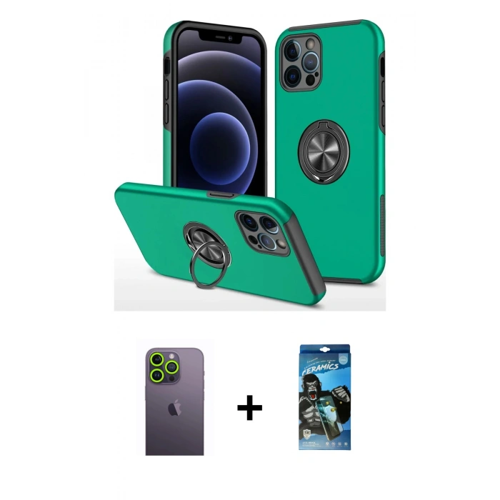 MARSİLYAN™- iPhone 12 Pro Max Kılıf Odak Form Prime - Siyah 34D Izgaralı Cam + Neon Fosforlu Kamera Lens - YL
