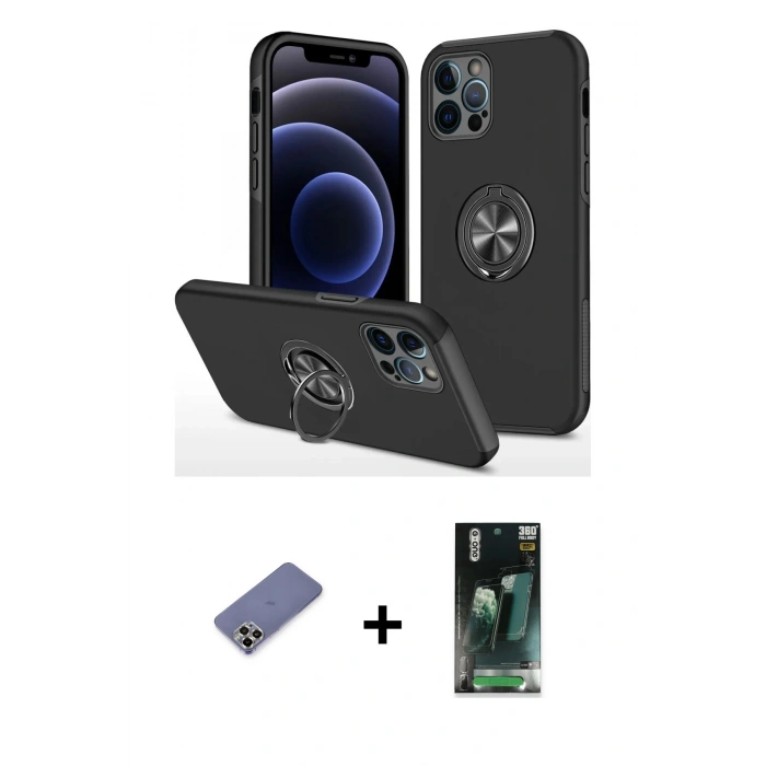 MARSİLYAN™- iPhone 12 Pro Max Kılıf Odak Form Prime - Siyah 360 Mat Full Body Arka Koruyucu + Metal Kamera Lens Koruma Cam - GD