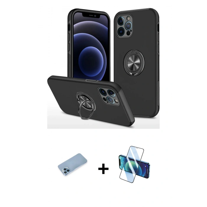 MARSİLYAN™- iPhone 12 Pro Max Kılıf Odak Form Prime - Siyah 3D Antistatik Cam Ekran Koruyucu + Shine Kamera Lens Koruma Cam - MI