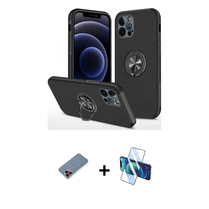 MARSİLYAN™- iPhone 12 Pro Max Kılıf Odak Form Prime - Siyah 3D Antistatik Cam Ekran Koruyucu + Metal Kamera Lens Koruma Cam - KI