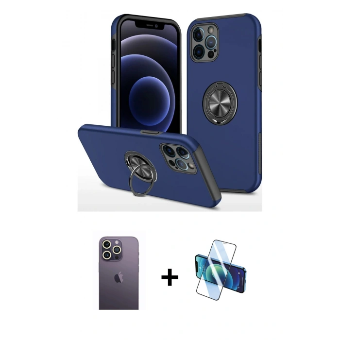 MARSİLYAN™- iPhone 12 Pro Max Kılıf Odak Form Prime - Siyah 3D Antistatik Cam Ekran Koruyucu + Neon Fosforlu Kamera Lens - BZ