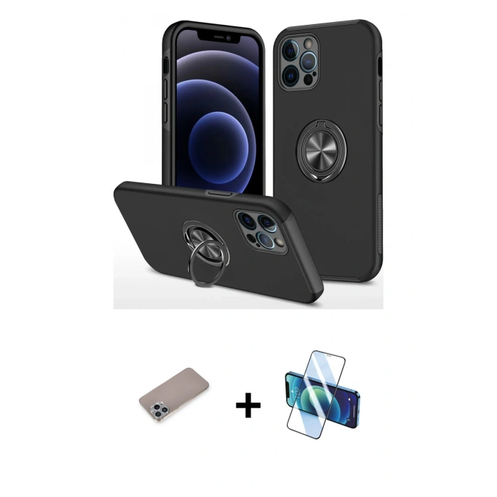 MARSİLYAN™- iPhone 12 Pro Max Kılıf Odak Form Prime - Siyah 3D Antistatik Cam Ekran Koruyucu + Shine Kamera Lens Koruma Cam - SABE