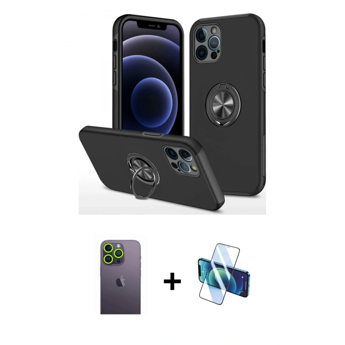 MARSİLYAN™- iPhone 12 Pro Max Kılıf Odak Form Prime - Siyah 3D Antistatik Cam Ekran Koruyucu + Neon Fosforlu Kamera Lens - YL