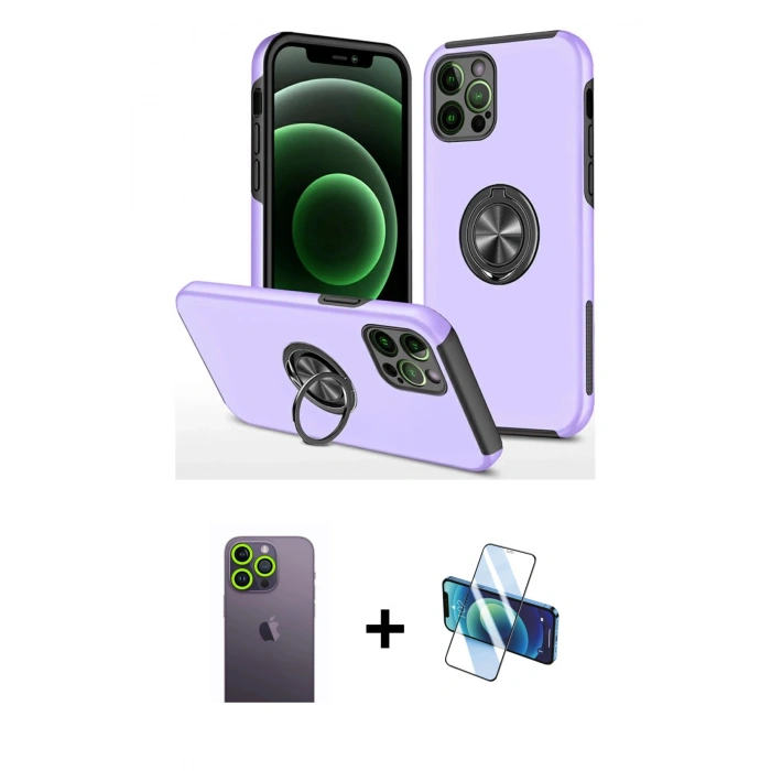 MARSİLYAN™- iPhone 12 Pro Max Kılıf Odak Form Prime - Siyah 3D Antistatik Cam Ekran Koruyucu + Neon Fosforlu Kamera Lens - YL