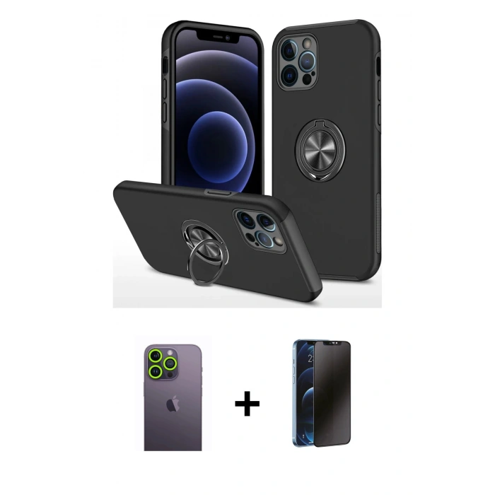 MARSİLYAN™- iPhone 12 Pro Max Kılıf Odak Form Prime - Siyah 3D Antistatik Hayalet Cam Ekran Koruyucu + Neon Fosforlu Kamera Lens - YL