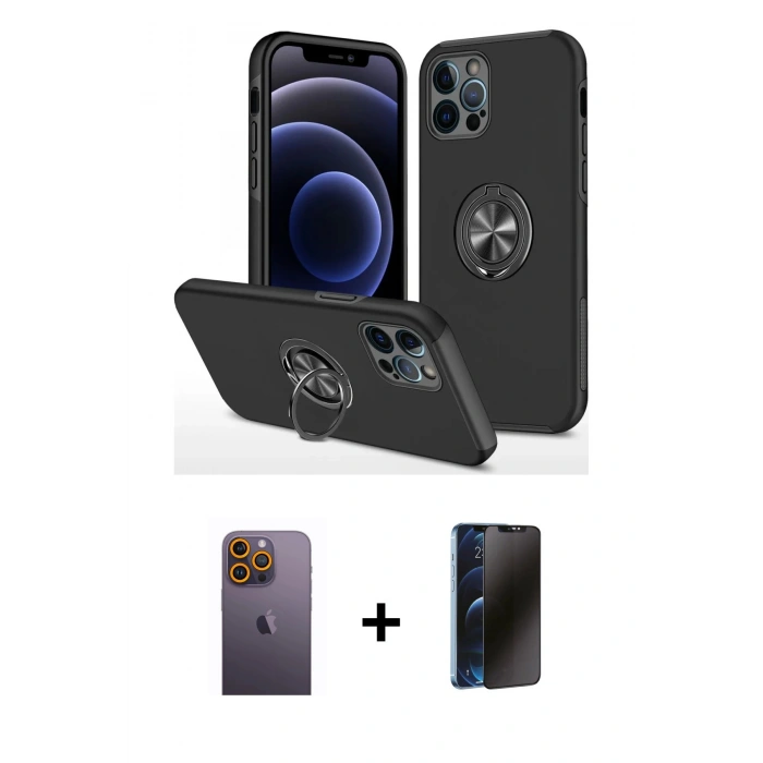 MARSİLYAN™- iPhone 12 Pro Max Kılıf Odak Form Prime - Siyah 3D Antistatik Hayalet Cam Ekran Koruyucu + Sarı Neon Fosforlu Kamera Lens