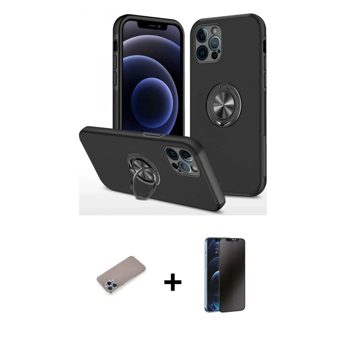 MARSİLYAN™- iPhone 12 Pro Max Kılıf Odak Form Prime - Siyah 3D Antistatik Hayalet Cam Ekran Koruyucu + Shine Kamera Lens Koruma Cam - SABE