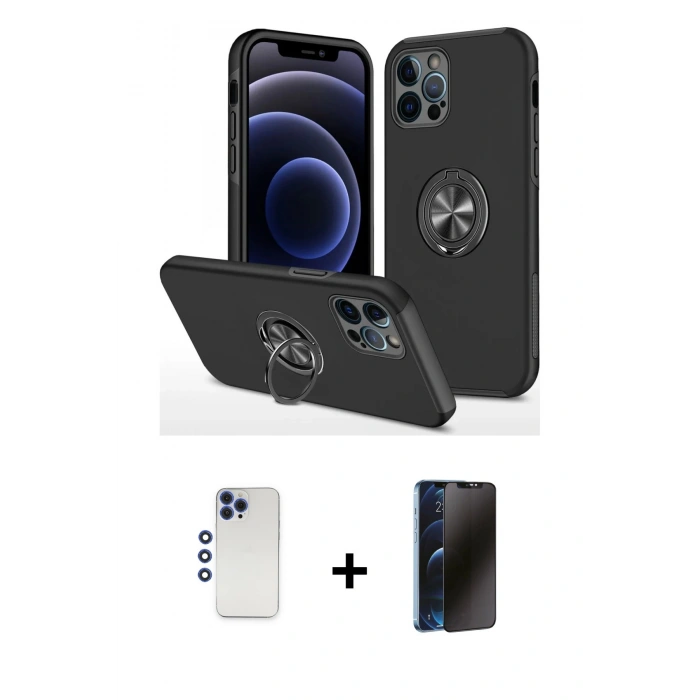 MARSİLYAN™- iPhone 12 Pro Max Kılıf Odak Form Prime - Siyah 3D Antistatik Hayalet Cam Ekran Koruyucu + Shine Kamera Lens - LT