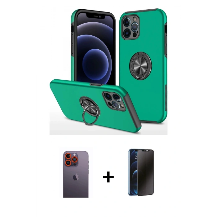 MARSİLYAN™- iPhone 12 Pro Max Kılıf Odak Form Prime - Siyah 3D Antistatik Hayalet Cam Ekran Koruyucu + Neon Fosforlu Kamera Lens - TU
