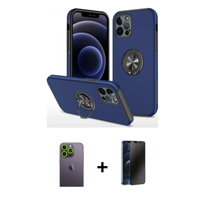 MARSİLYAN™- iPhone 12 Pro Max Kılıf Odak Form Prime - Siyah 3D Antistatik Hayalet Cam Ekran Koruyucu + Neon Fosforlu Kamera Lens - YL