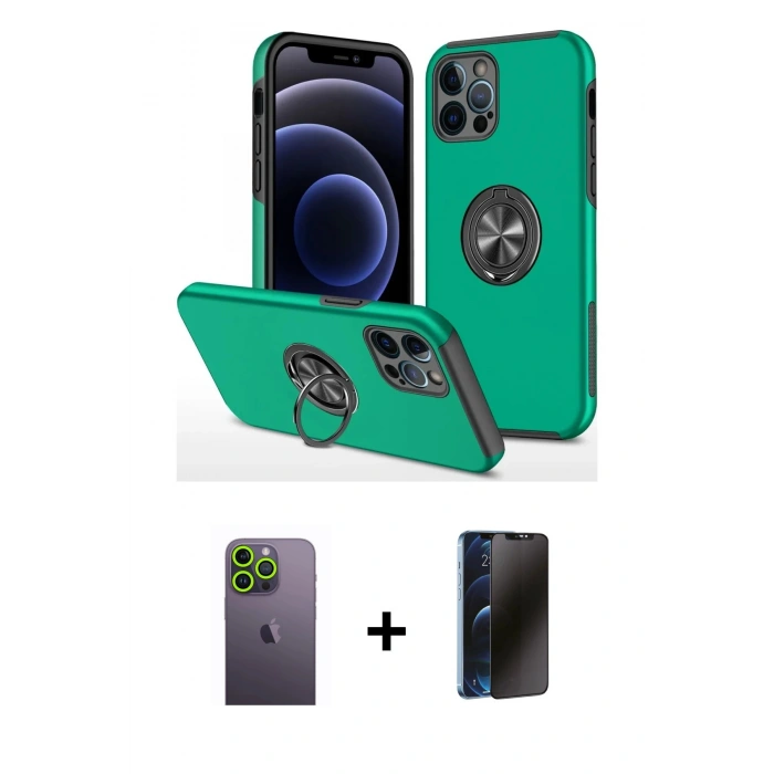 MARSİLYAN™- iPhone 12 Pro Max Kılıf Odak Form Prime - Siyah 3D Antistatik Hayalet Cam Ekran Koruyucu + Neon Fosforlu Kamera Lens - YL