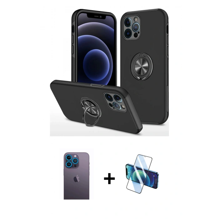 MARSİLYAN™- iPhone 12 Pro Max Kılıf Odak Form Prime - Siyah 3D Antistatik Seramik Nano Ekran Koruyucu + Neon Fosforlu Kamera Lens - MI