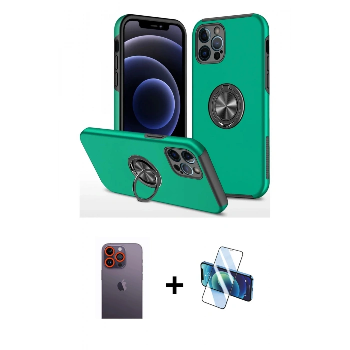 MARSİLYAN™- iPhone 12 Pro Max Kılıf Odak Form Prime - Siyah 3D Antistatik Seramik Nano Ekran Koruyucu + Neon Fosforlu Kamera Lens - TU