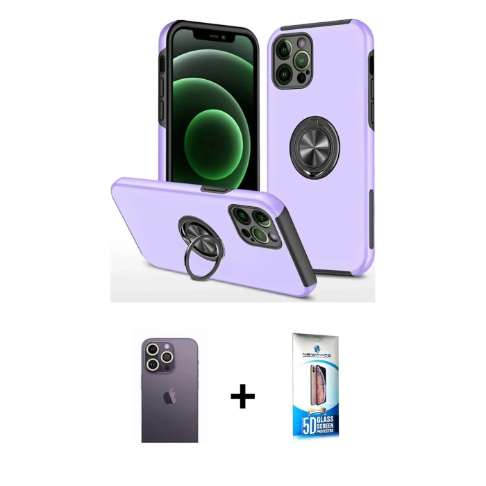 MARSİLYAN™- iPhone 12 Pro Max Kılıf Odak Form Prime - Siyah 5D Eko Cam Ekran Koruyucu + Neon Fosforlu Kamera Lens - BZ