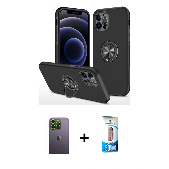MARSİLYAN™- iPhone 12 Pro Max Kılıf Odak Form Prime - Siyah 5D Eko Cam Ekran Koruyucu + Neon Fosforlu Kamera Lens - YL