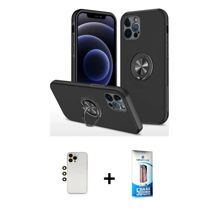 MARSİLYAN™- iPhone 12 Pro Max Kılıf Odak Form Prime - Siyah 5D Eko Cam Ekran Koruyucu + Shine Kamera Lens - GD