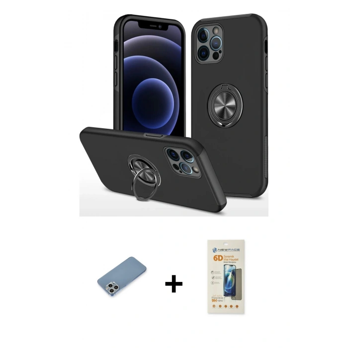 MARSİLYAN™- iPhone 12 Pro Max Kılıf Odak Form Prime - Siyah 6D Mat Seramik Hayalet Nano Ekran Koruyucu + Shine Kamera Lens Koruma Cam - GS