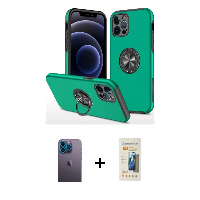 MARSİLYAN™- iPhone 12 Pro Max Kılıf Odak Form Prime - Siyah 6D Mat Seramik Hayalet Nano Ekran Koruyucu + Neon Fosforlu Kamera Lens - MI