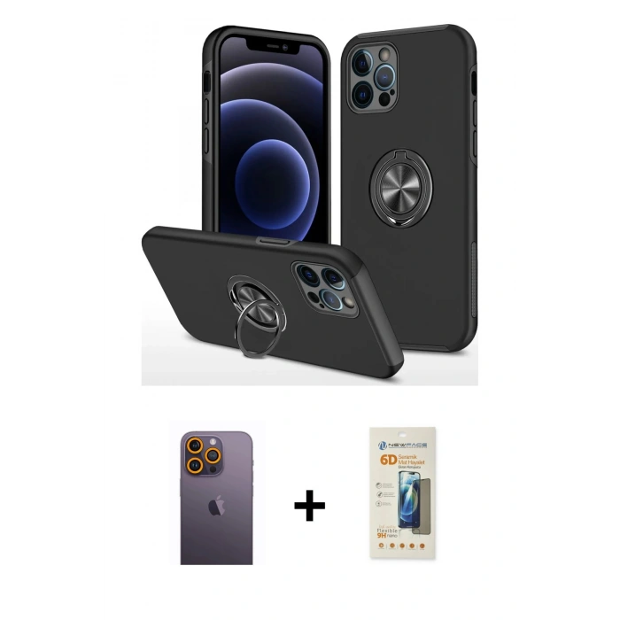 MARSİLYAN™- iPhone 12 Pro Max Kılıf Odak Form Prime - Siyah 6D Mat Seramik Hayalet Nano Ekran Koruyucu + Neon Fosforlu Kamera Lens - SI