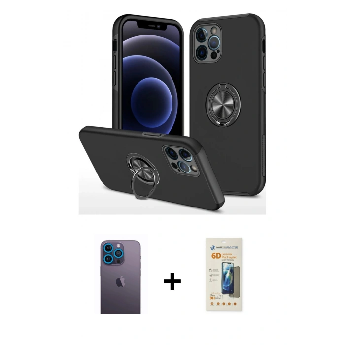 MARSİLYAN™- iPhone 12 Pro Max Kılıf Odak Form Prime - Siyah 6D Mat Seramik Hayalet Nano Ekran Koruyucu + Neon Fosforlu Kamera Lens - MI