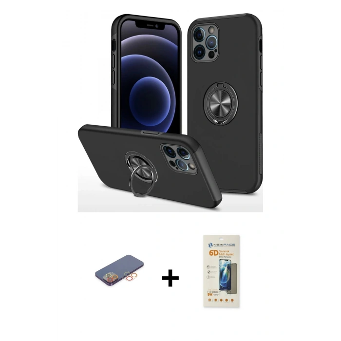 MARSİLYAN™- iPhone 12 Pro Max Kılıf Odak Form Prime - Siyah 6D Mat Seramik Hayalet Nano Ekran Koruyucu + Renkli Kamera Lens Koruma Cam - TU