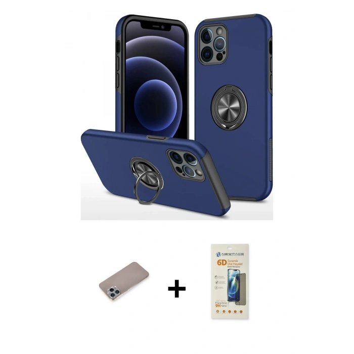 MARSİLYAN™- iPhone 12 Pro Max Kılıf Odak Form Prime - Siyah 6D Mat Seramik Hayalet Nano Ekran Koruyucu + Sierra Blue Shine Kamera Lens Koruma Cam