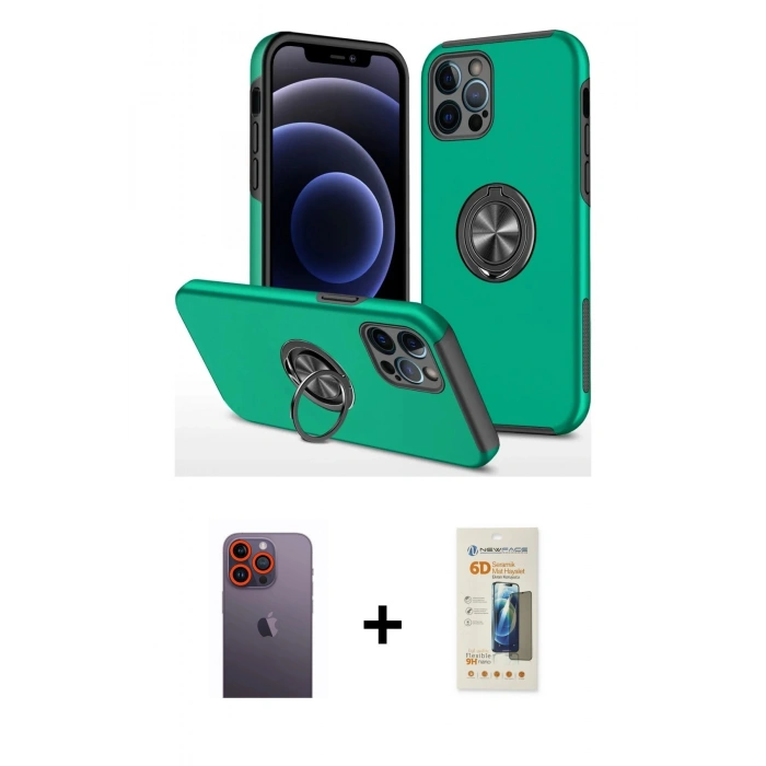 MARSİLYAN™- iPhone 12 Pro Max Kılıf Odak Form Prime - Siyah 6D Mat Seramik Hayalet Nano Ekran Koruyucu + Neon Fosforlu Kamera Lens - TU