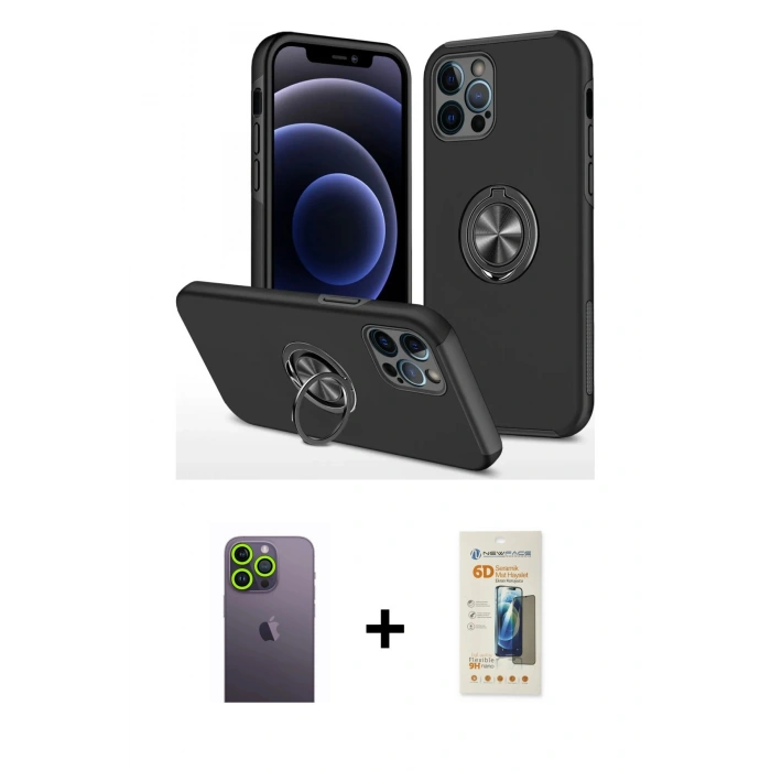MARSİLYAN™- iPhone 12 Pro Max Kılıf Odak Form Prime - Siyah 6D Mat Seramik Hayalet Nano Ekran Koruyucu + Neon Fosforlu Kamera Lens - YL