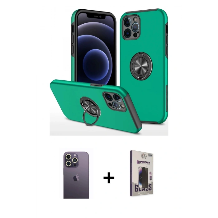 MARSİLYAN™- iPhone 12 Pro Max Kılıf Odak Form Prime - Siyah Bilvis Hayalet Cam Ekran Koruyucu + Neon Fosforlu Kamera Lens - BZ